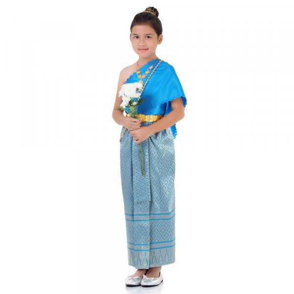 Traditionelles Thai Kleid und Prinzessin Kostuem fuer Maedchen Hellblau THAI315-1.jpg