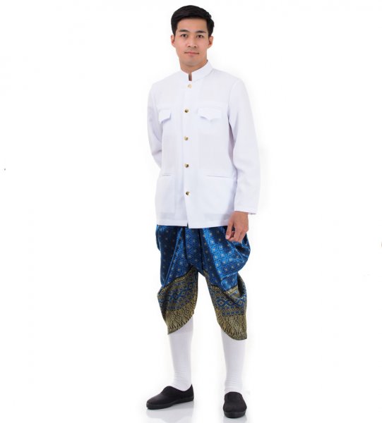 Traditionelles Thai Herren Kostuem Shirt Weiss Haremshose Blau THAI196-1.jpg