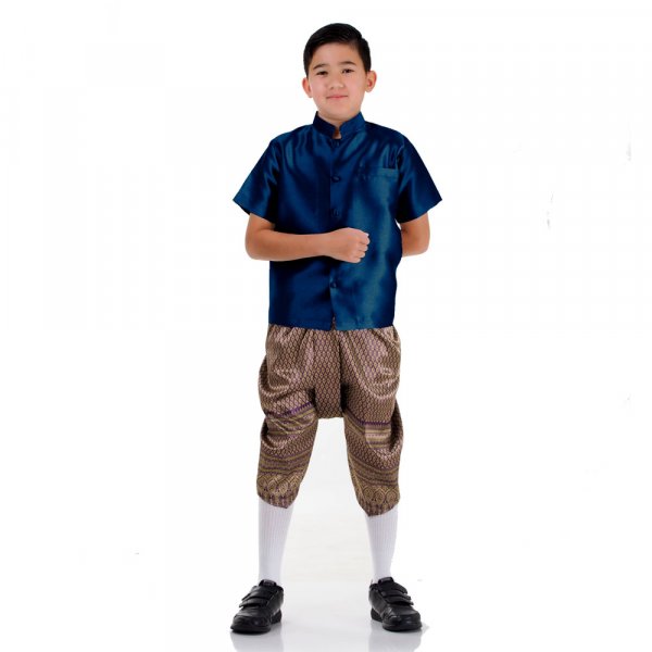 Traditionelles Thai Jungen Kostüm Raj Pattern Shirt Blau Haremshose Lila THAI253-1.jpg