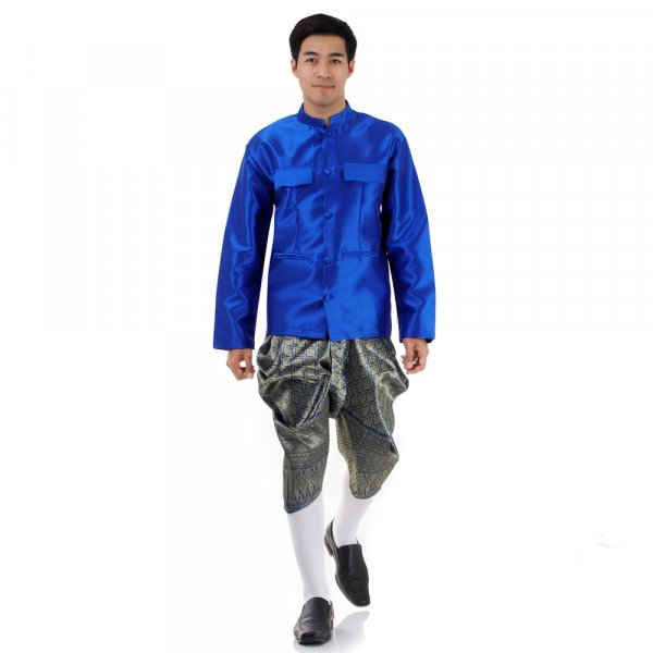 Traditionelles Thai Herren Kostuem Shirt Blau Haremshose Blau Thai215-1.jpg