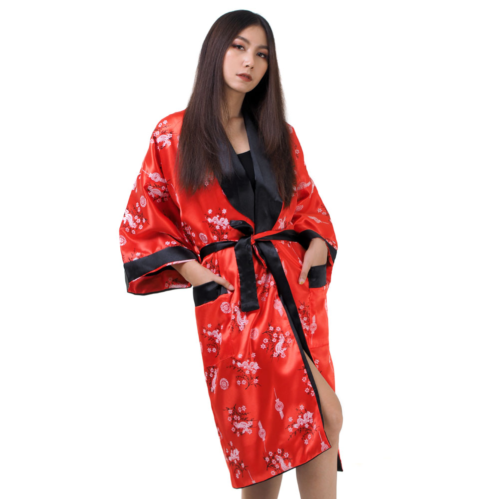 Princess of Asia Japanischer Wende-Kimono Satin Morgenmantel für Damen & Herren mit Drachen-Stickerei