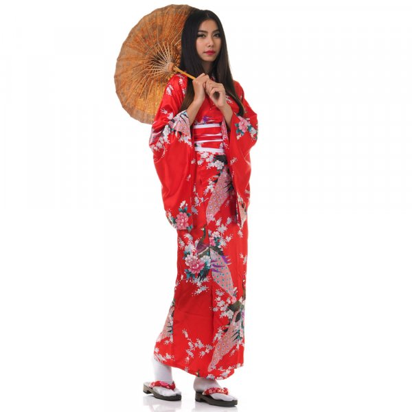 Damen Yukata Kimono Geisha Kostuem Kujaku Rot XK37-2.jpg