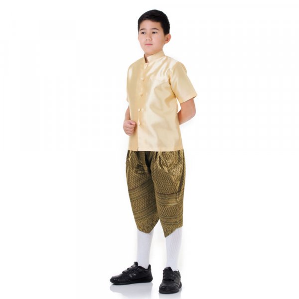 Traditionelles Thai Jungen Kostüm Raj Pattern Shirt Golden Haremshose Braun THAI262-1.jpg