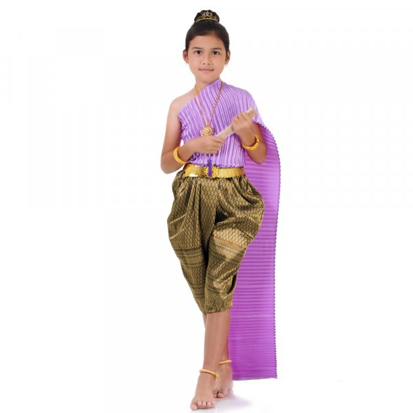 Traditionelles Thai Outfit und Prinzessin Kostuem fuer Maedchen Lila Braun THAI308-1.jpg
