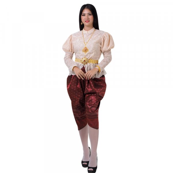 Traditionelles Thai Kostüm Rama V Style Chong Kraben Weinrot Bluse Creme THAI295-1.jpg