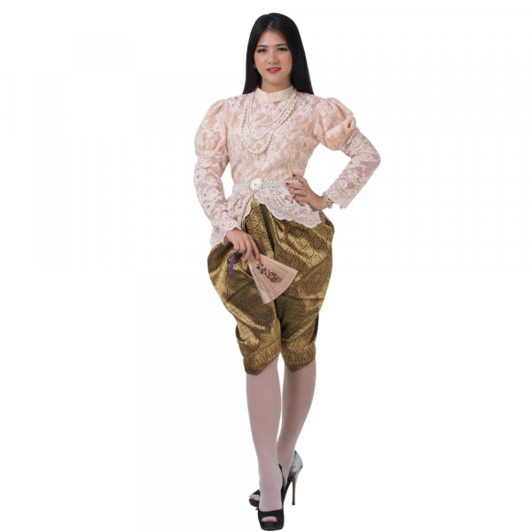 Traditionelles Thai Kostüm Rama V Style Chong Kraben Braun Bluse Creme THAI293-1.jpg