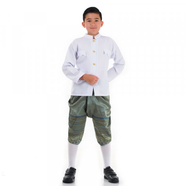 raditionelles Thai Jungen Kostüm Raj Pattern Shirt Weiß Haremshose Türkis THAI238-1.jpg