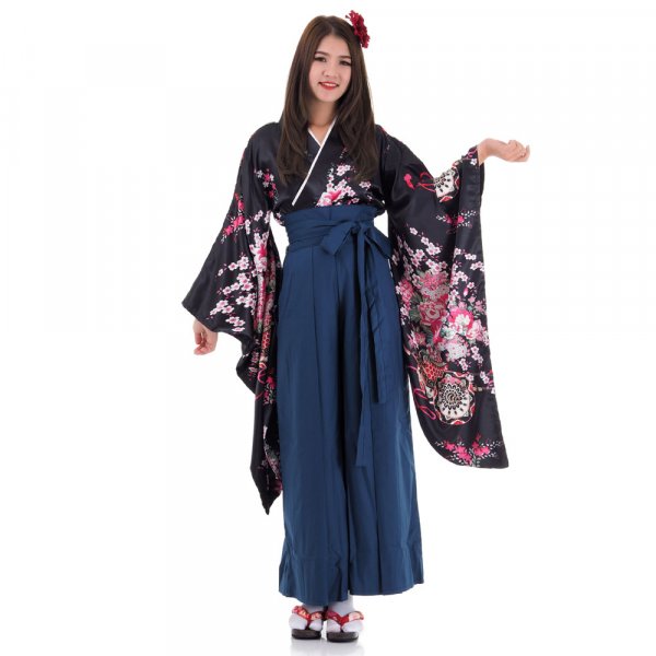 Geisha Kimono Kostüm Shizu Schwarz Blau 2