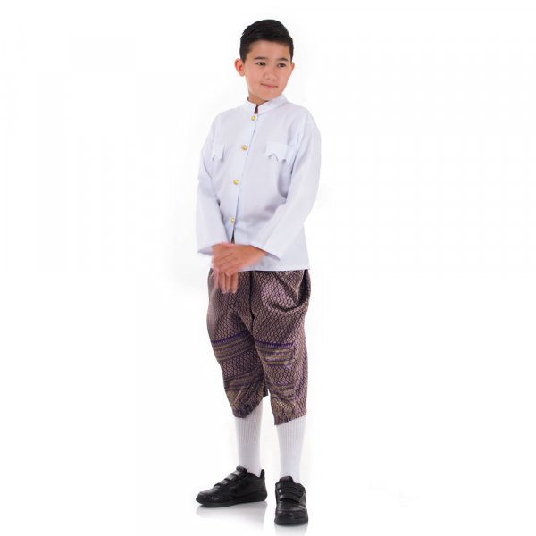 Traditionelles Thai Jungen Kostüm Raj Pattern Shirt Weiß Haremshose Lila THAI240-1.jpg