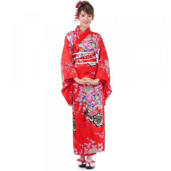 Damen Yukata Kimono Geisha Kostuem Sakura Rot XK13-1.jpg