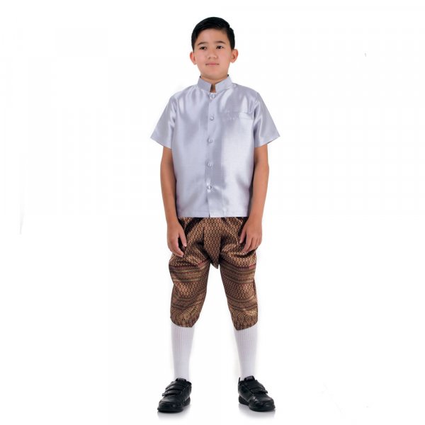 Traditionelles Thai Jungen Kostüm Raj Pattern Shirt Grau Haremshose Weinrot THAI245-1.jpg