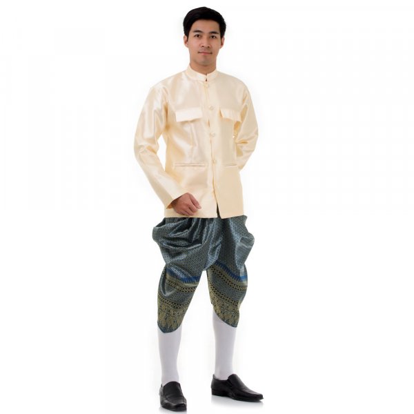 Traditionelles Thai Herren Kostuem Shirt Creme Haremshose Tuerkis THAI227-1.jpg