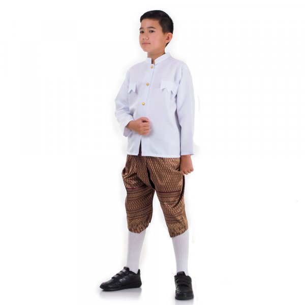 Traditionelles Thai Jungen Kostüm Raj Pattern Shirt Weiß Haremshose Weinrot THAI241-1.jpg
