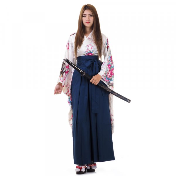 Geisha Kimono Kostüm Shizu Weiß Blau 1