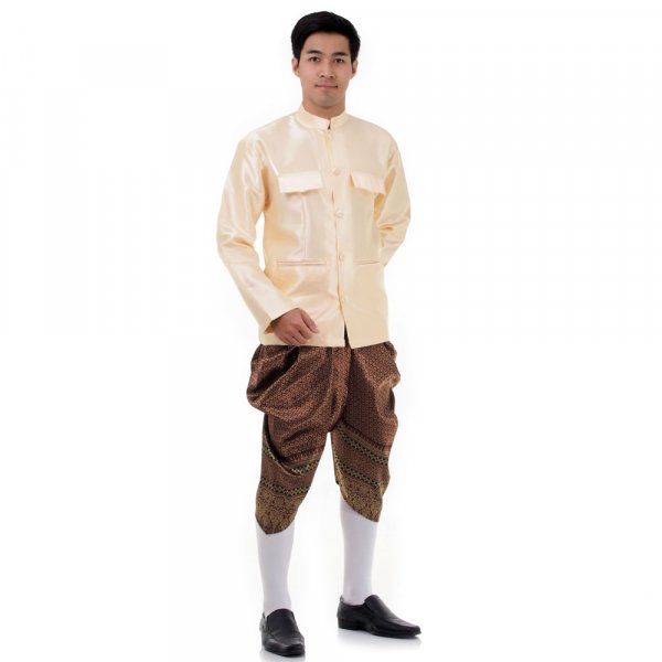 Traditionelles Thai Herren Kostuem Shirt Creme Haremshose Rot THAI230-1.jpg
