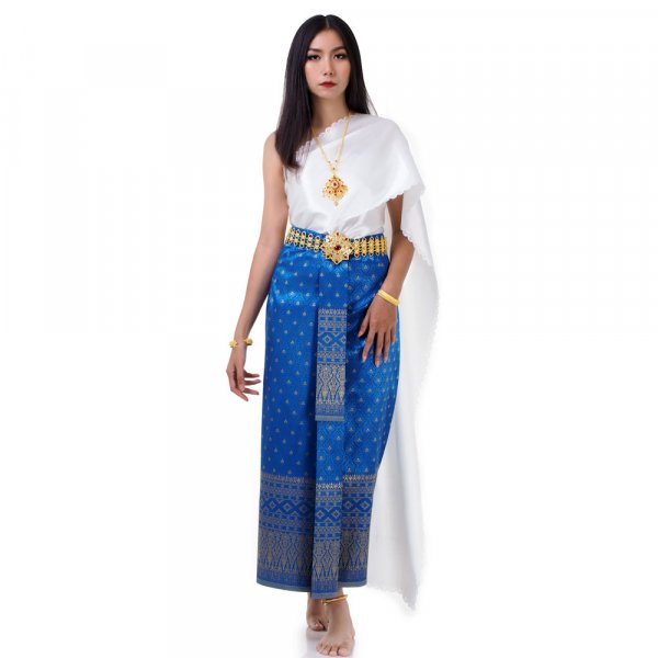 Traditionelles Thai Kleid Chut Chakkri Blau Weiß 1