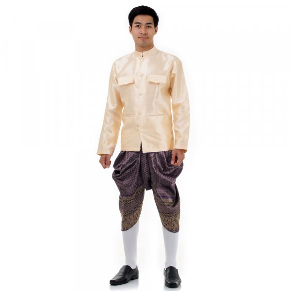 Traditionelles Thai Herren Kostuem Shirt Creme Haremshose Lila THAI229-2.jpg