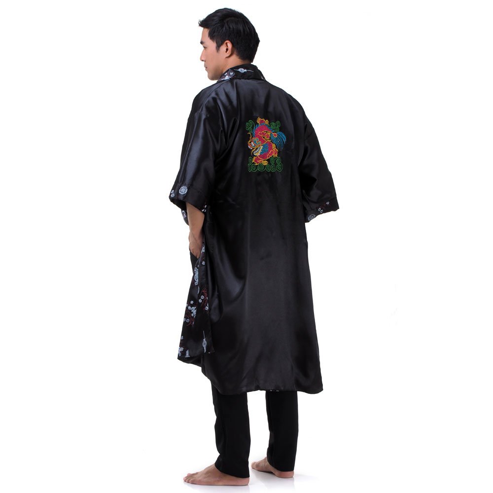 Chinesischer Kimono Für Herren – Bestickter Seidensatin-Mantel Mit Drachen-Motiv, V-Ausschnitt