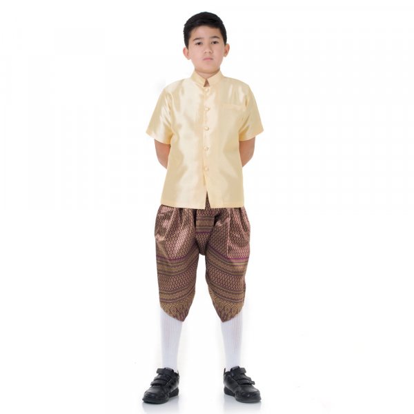 Traditionelles Thai Jungen Kostüm Raj Pattern Shirt Golden Haremshose Lila THAI263-1.jpg