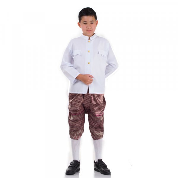Traditionelles Thai Jungen Kostüm Raj Pattern Shirt Weiß Haremshose Pink THAI237-1.jpg