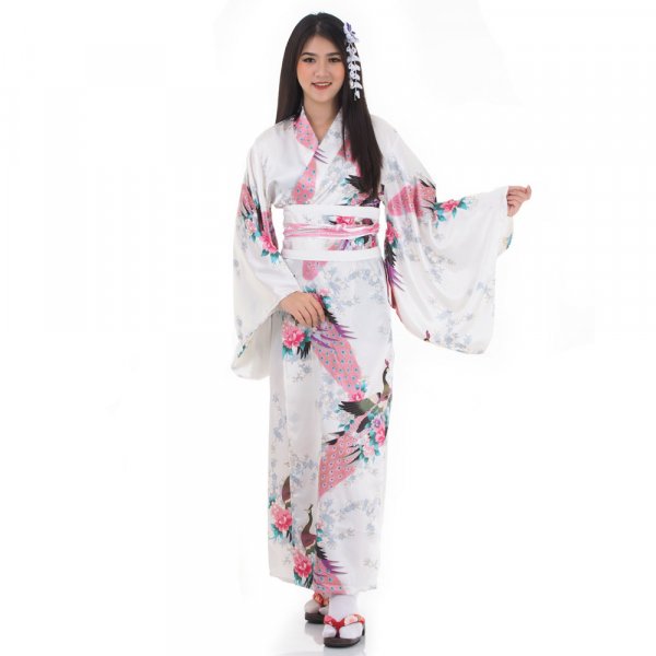 Damen Yukata Kimono Geisha Kostuem Kujaku Weiss XK12-1.jpg
