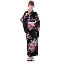 Damen Yukata Kimono Geisha Kostuem Sakura Schwarz XK25-1.jpg