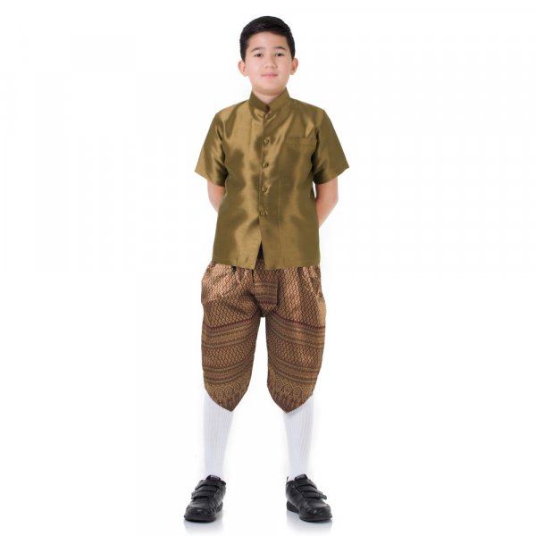 Traditionelles Thai Jungen Kostüm Raj Pattern Shirt Braun Haremshose Weinrot THAI266-1.jpg