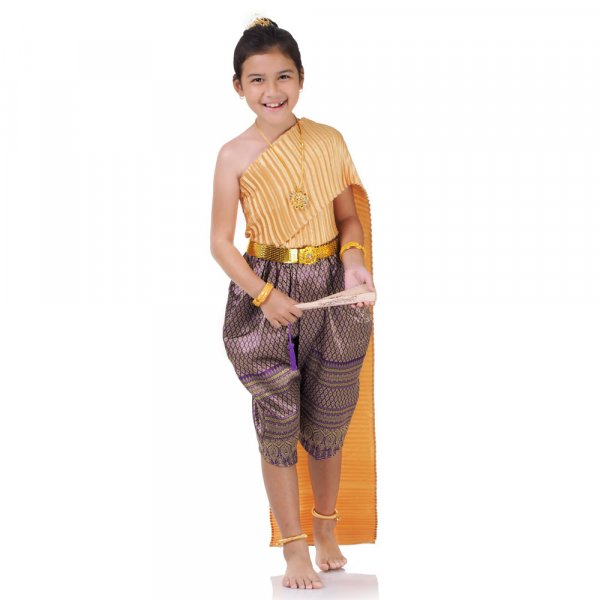 Traditionelles Thai Outfit und Prinzessin Kostuem fuer Maedchen Orange Lila THAI309-1.jpg