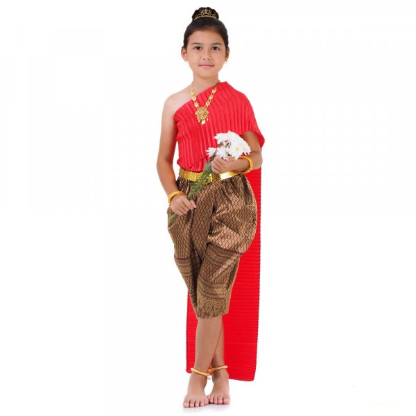 Traditionelles Thai Outfit und Prinzessin Kostuem fuer Maedchen Rot Weinrot THAI307-1.jpg