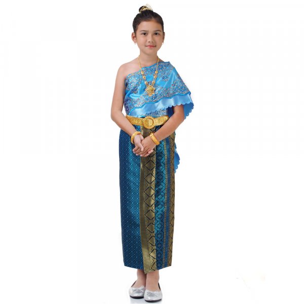 Traditionelles Thai Kleid und Prinzessin Kostuem fuer Maedchen Tuerkis THAI247-1.jpg