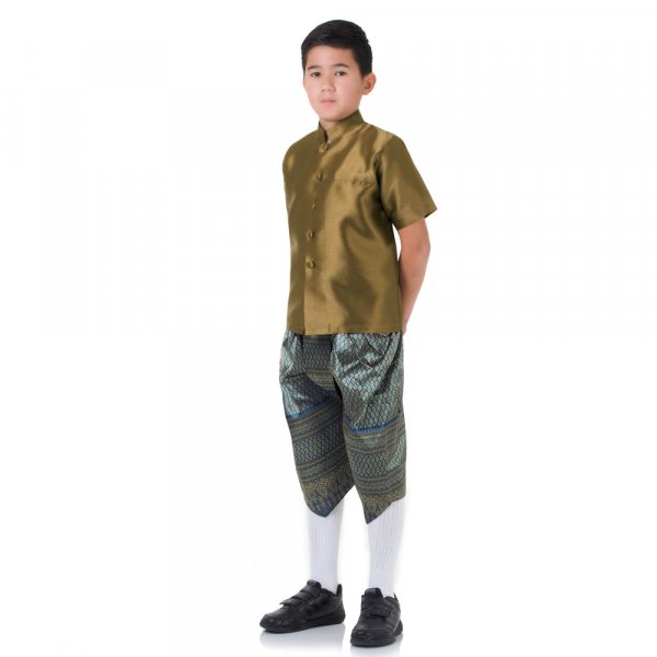 Traditionelles Thai Jungen Kostüm Raj Pattern Shirt Braun Haremshose Blau THAI267-1.jpg