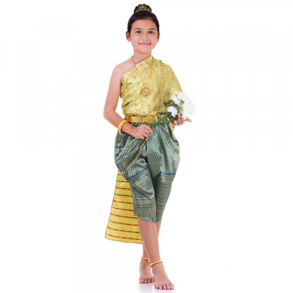 Traditionelles Thai Outfit und Prinzessin Kostuem fuer Maedchen Gold Tuerkis THAI310-1.jpg