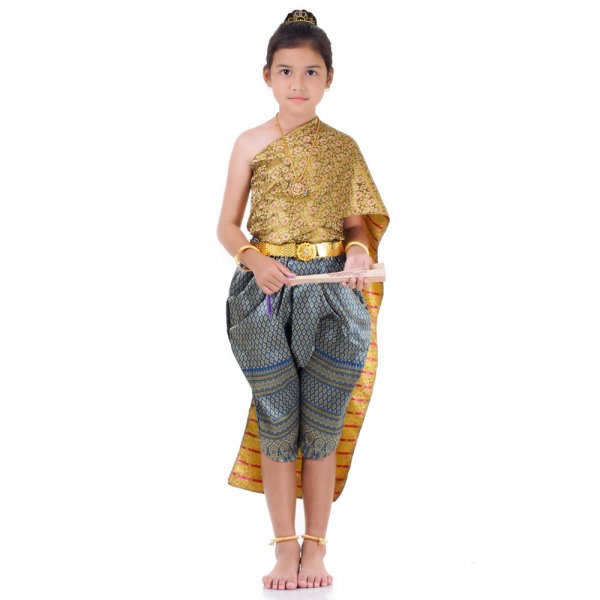 Traditionelles Thai Outfit und Prinzessin Kostuem fuer Maedchen Goldbraun Tuerkis THAI312-1.jpg