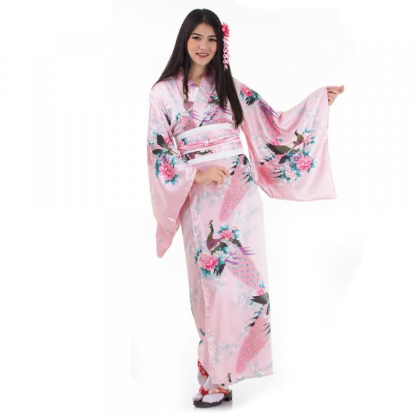 Damen Yukata Kimono Geisha Kostuem Kujaku Rosa XK74-1.jpg