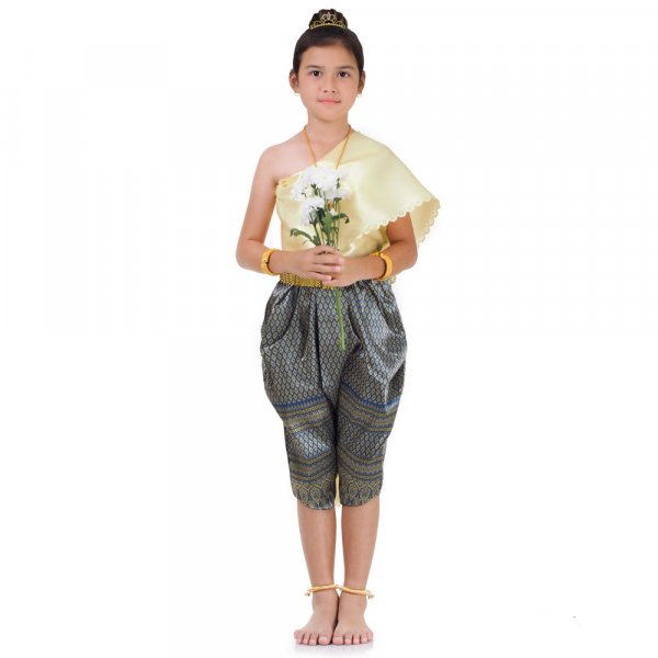 Traditionelles Thai Outfit und Prinzessin Kostuem fuer Maedchen Blau Gelb THAI314-1.jpg