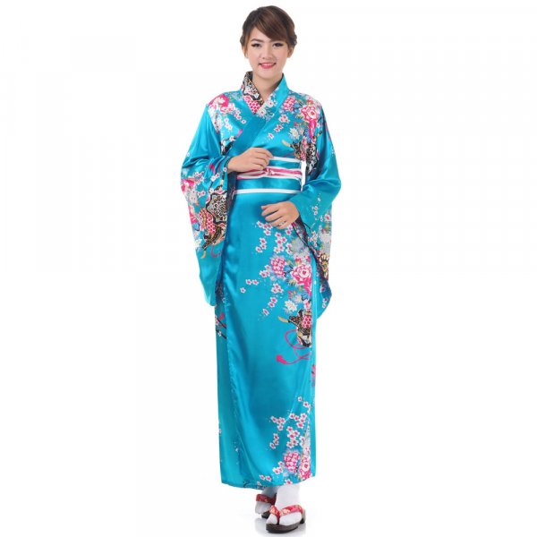 Damen Yukata Kimono Geisha Kostuem Sakura Tuerkis XK53-1.jpg
