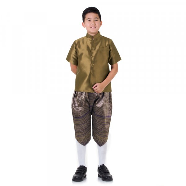 Traditionelles Thai Jungen Kostüm Raj Pattern Shirt Braun Haremshose Lila THAI268-1.jpg
