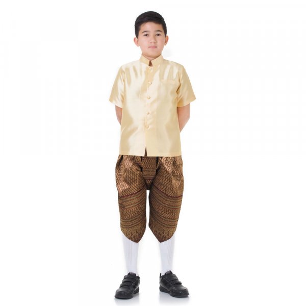 Traditionelles Thai Jungen Kostüm Raj Pattern Shirt Golden Haremshose Weinrot THAI265-1.jpg