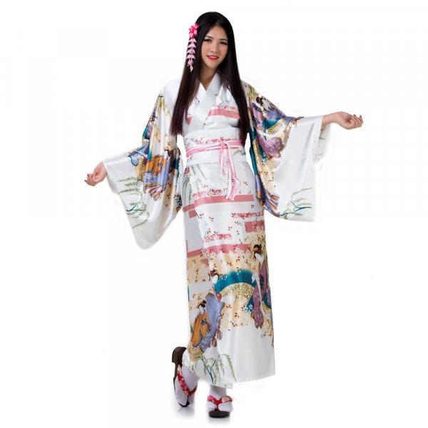 Damen Geisha Yukata Kimono Weiß 1