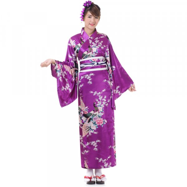 Damen Yukata Kimono Geisha Kostuem Kujaku Lila XK64-1.jpg