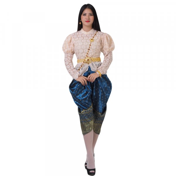 Traditionelles Thai Kostüm Rama V Style Chong Kraben Blau Bluse Creme THAI294-1.jpg