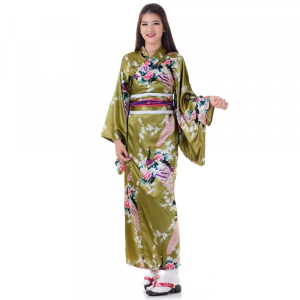 Damen Yukata Kimono Geisha Kostuem Kujaku Gruen XK72-1.jpg