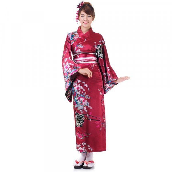 Damen Yukata Kimono Geisha Kostuem Sakura Weinrot XK30-1.jpg