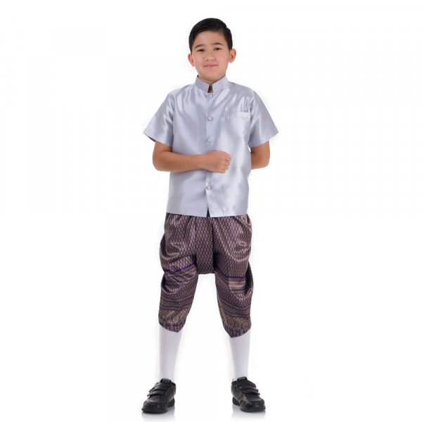 Traditionelles Thai Jungen Kostüm Raj Pattern Shirt Grau Haremshose Lila THAI243-2.jpg